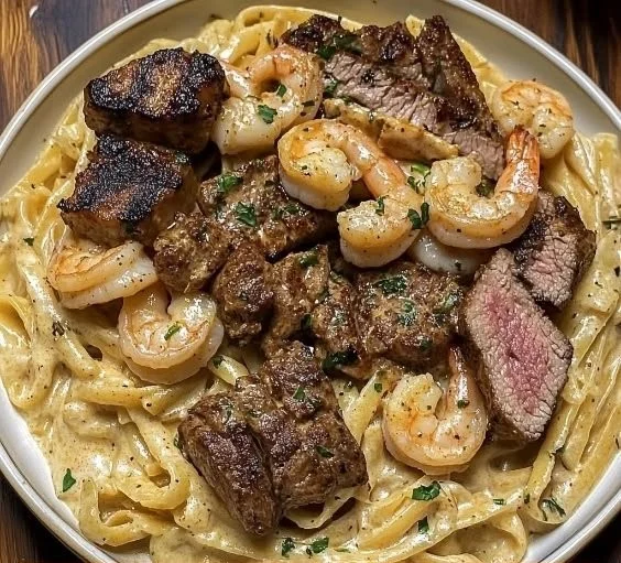 Plate of creamy Steak and Shrimp Alfredo garnished with parsley