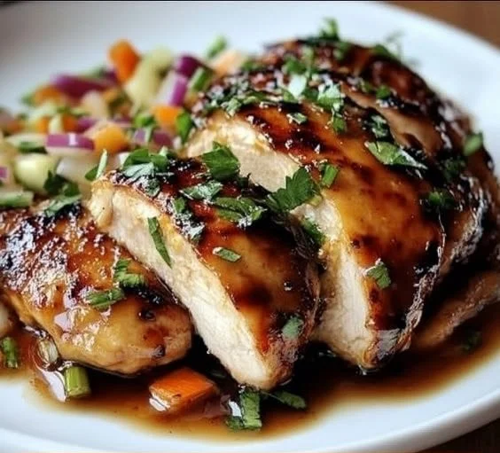 Sticky Apple Cider Chicken served with a side of vegetables