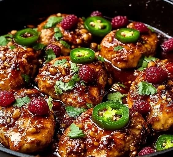 Plate of sweet and spicy Jalapeño Raspberry Chicken garnished with herbs