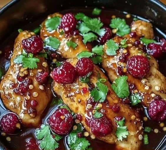 Sweet and spicy jalapeño raspberry chicken dish garnished with fresh herbs