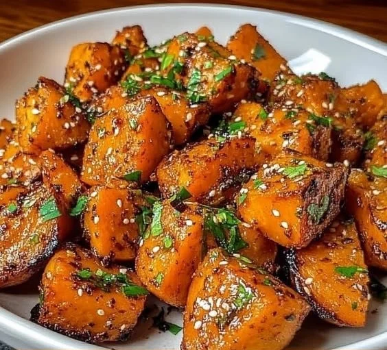 Plate of sweet and spicy smashed sweet potatoes garnished with herbs