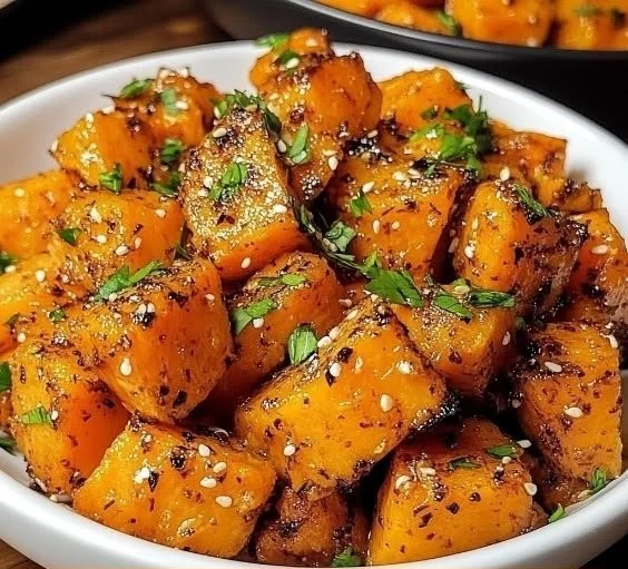 Plate of sweet and spicy smashed sweet potatoes garnished with herbs