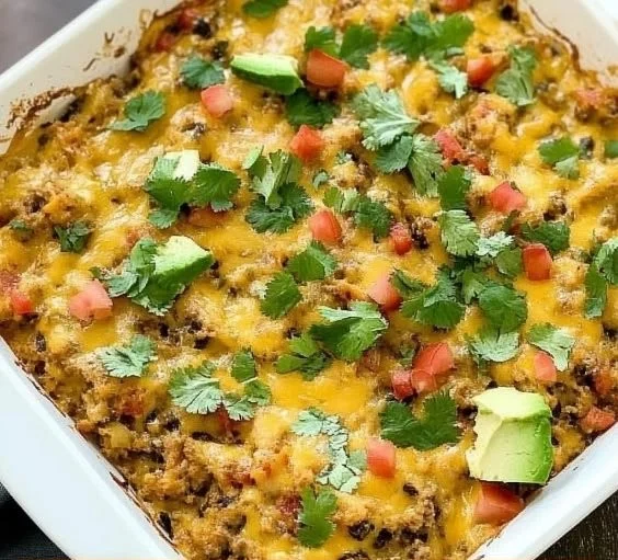 Taco Cauliflower Rice Casserole with toppings