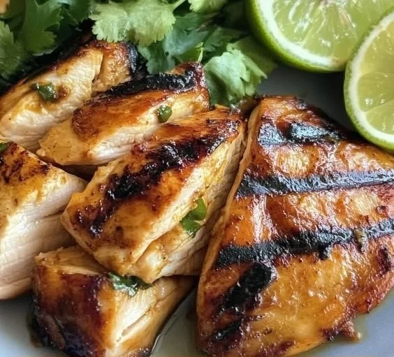 A plate of Thai coconut grilled chicken garnished with fresh herbs.