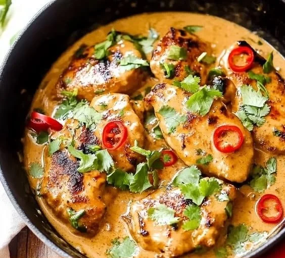 Thai Coconut Honey Lime Chicken garnished with fresh herbs in a bowl