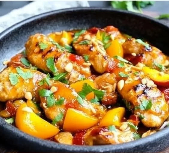 Delicious Thai Peach Chicken garnished with fresh herbs and served in a bowl
