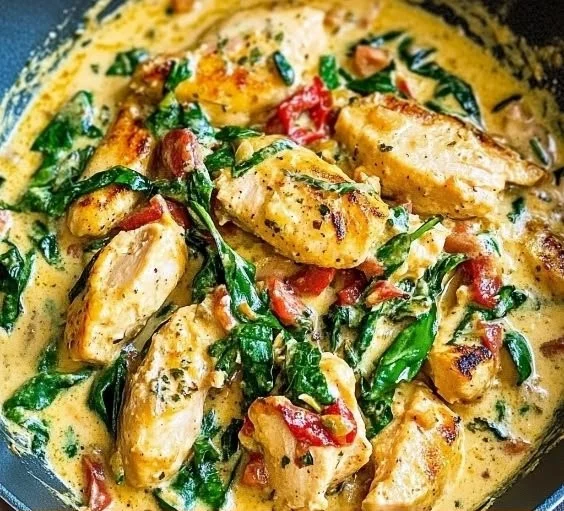 Delicious Tuscan creamy chicken served with herbs and a rich sauce