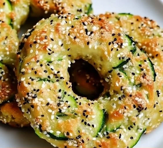 Freshly baked zucchini bagels topped with seeds and herbs